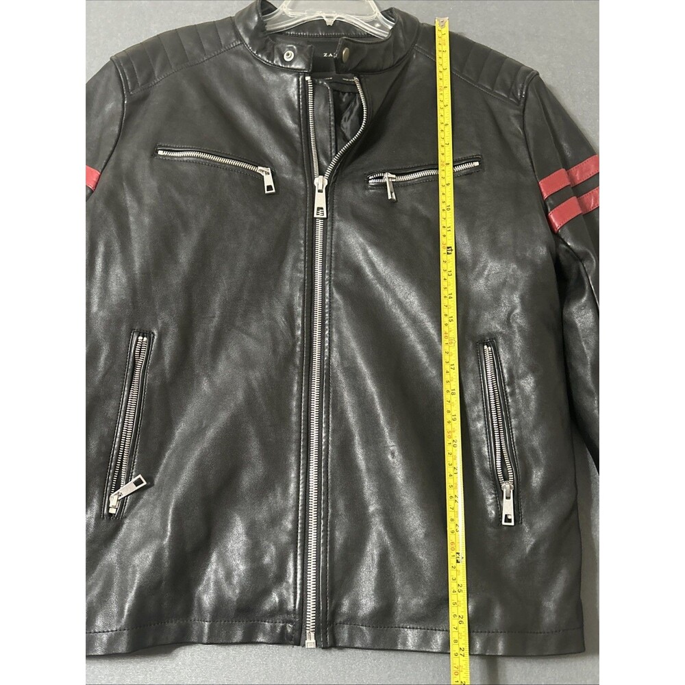 Zara Man Black Faux Leather Moto Biker Jacket Red Stripes Men's Size L Large - Picture 2 of 10